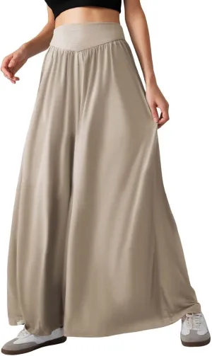Miyaomn Women's Summer Wide Leg Culottes Casual Elastic High Waisted Flowy Palazzo Pants Pleated Lounge Trousers with Pockets