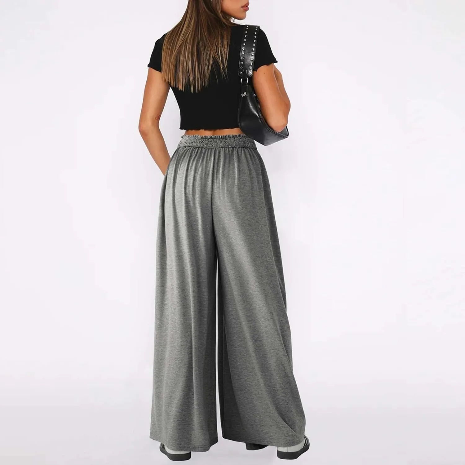 Miyaomn Women's Summer Wide Leg Culottes Casual Elastic High Waisted Flowy Palazzo Pants Pleated Lounge Trousers with Pockets
