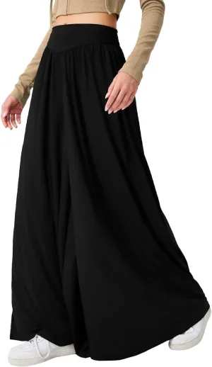 Miyaomn Women's Summer Wide Leg Culottes Casual Elastic High Waisted Flowy Palazzo Pants Pleated Lounge Trousers with Pockets