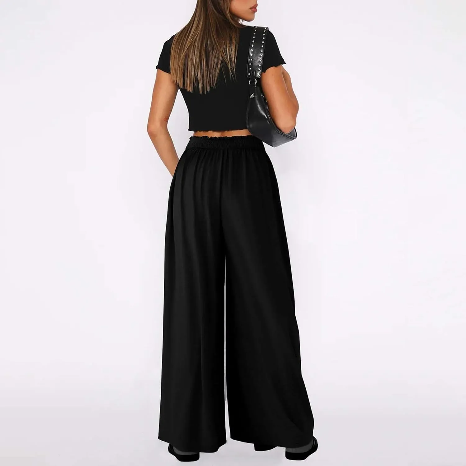 Miyaomn Women's Summer Wide Leg Culottes Casual Elastic High Waisted Flowy Palazzo Pants Pleated Lounge Trousers with Pockets