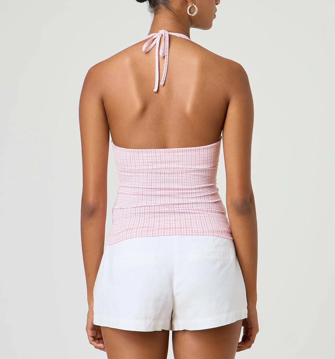 Muineobuka Women Y2K Striped Halter Top Tie Back Sleeveless Slim Fit Backless Tank Top Folding Crop Camisole Streetwear