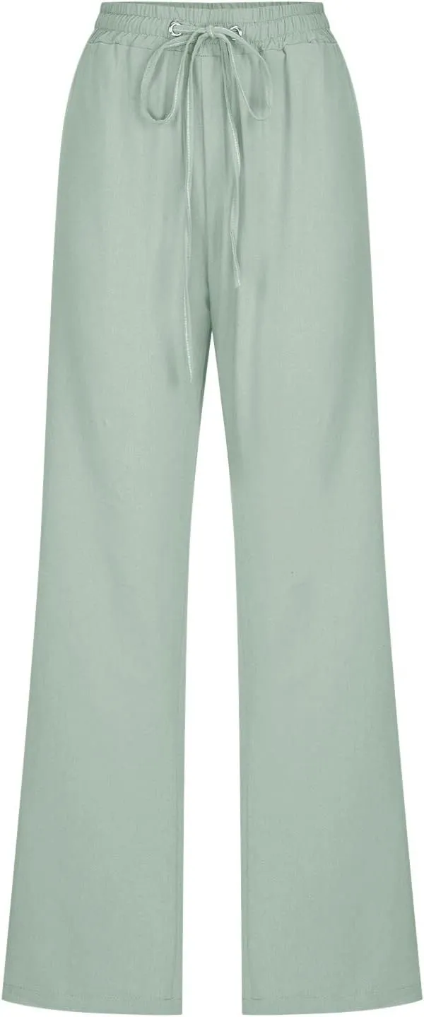 Muyise Womens Cotton Linen Casual Pants Straight Leg Drawstring Elastic High Waist Loose Comfy Palazzo Trousers with Pockets