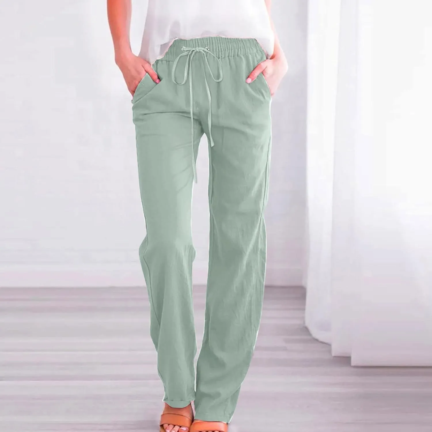 Muyise Womens Cotton Linen Casual Pants Straight Leg Drawstring Elastic High Waist Loose Comfy Palazzo Trousers with Pockets