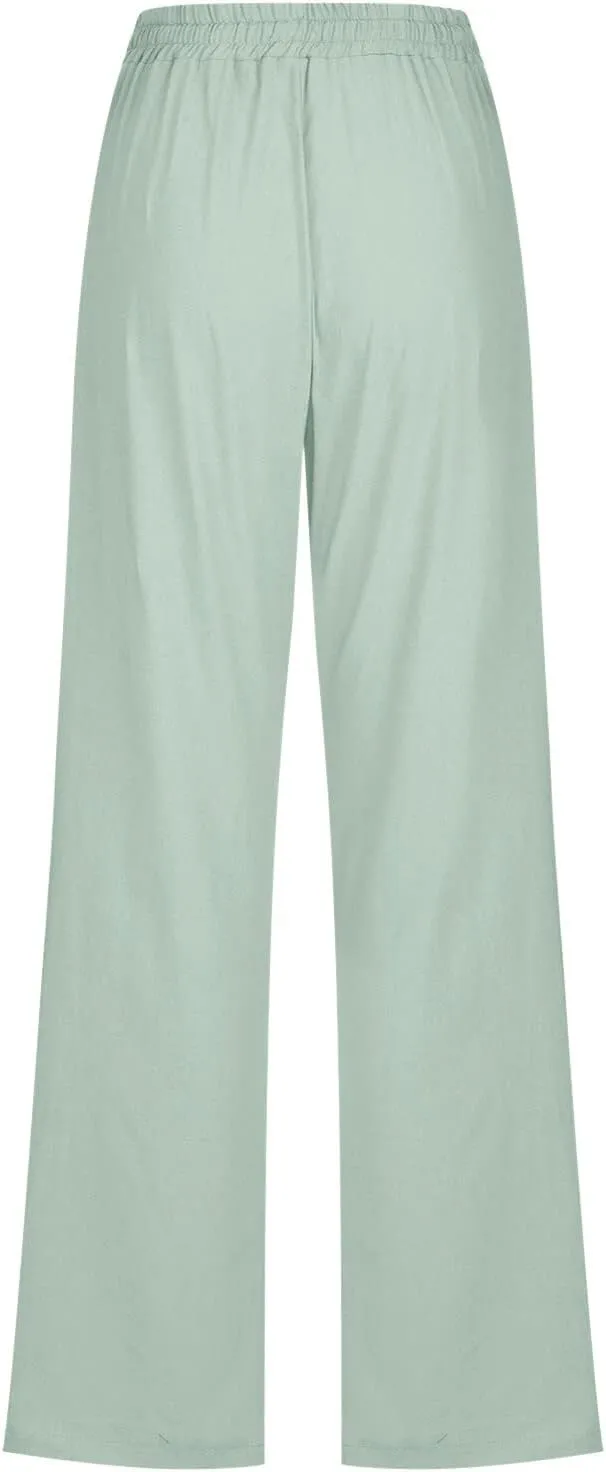 Muyise Womens Cotton Linen Casual Pants Straight Leg Drawstring Elastic High Waist Loose Comfy Palazzo Trousers with Pockets