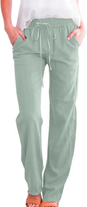 Muyise Womens Cotton Linen Casual Pants Straight Leg Drawstring Elastic High Waist Loose Comfy Palazzo Trousers with Pockets