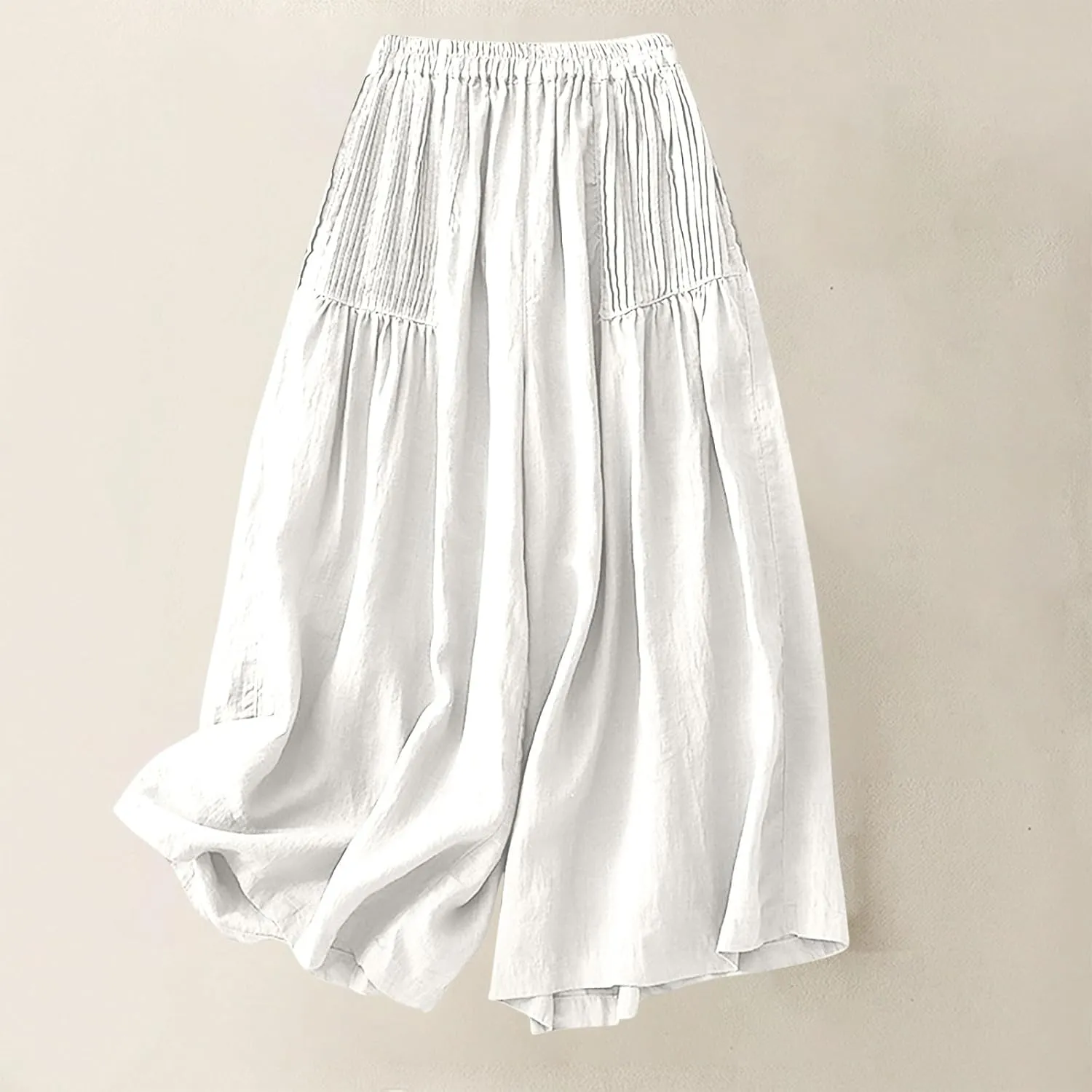 Mzkdieey Cotton Linen Palazzo Pants for Women Culottes Dressy Summer Wide Leg Pleated Flowy Pants Boho Casual Beach Trousers