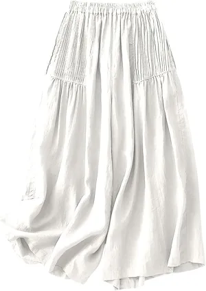 Mzkdieey Cotton Linen Palazzo Pants for Women Culottes Dressy Summer Wide Leg Pleated Flowy Pants Boho Casual Beach Trousers
