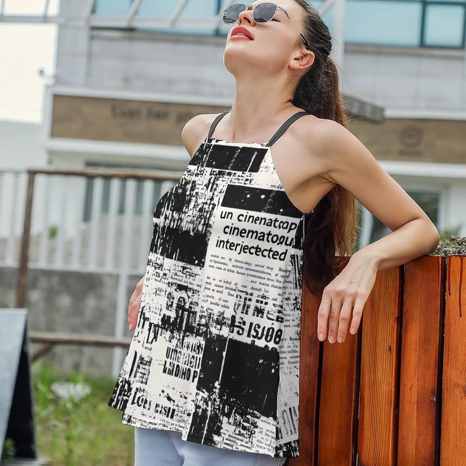 Newspaper Print Women's Tank Top Sleeveless Spaghetti Strap Loose Casual Top Summer Beach Vacation Outfits Flowy Camisole