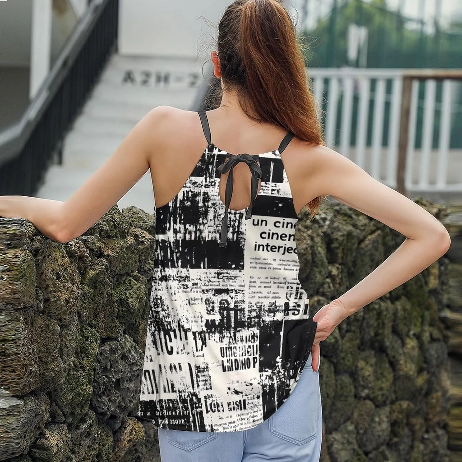 Newspaper Print Women's Tank Top Sleeveless Spaghetti Strap Loose Casual Top Summer Beach Vacation Outfits Flowy Camisole
