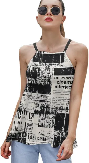 Newspaper Print Women's Tank Top Sleeveless Spaghetti Strap Loose Casual Top Summer Beach Vacation Outfits Flowy Camisole