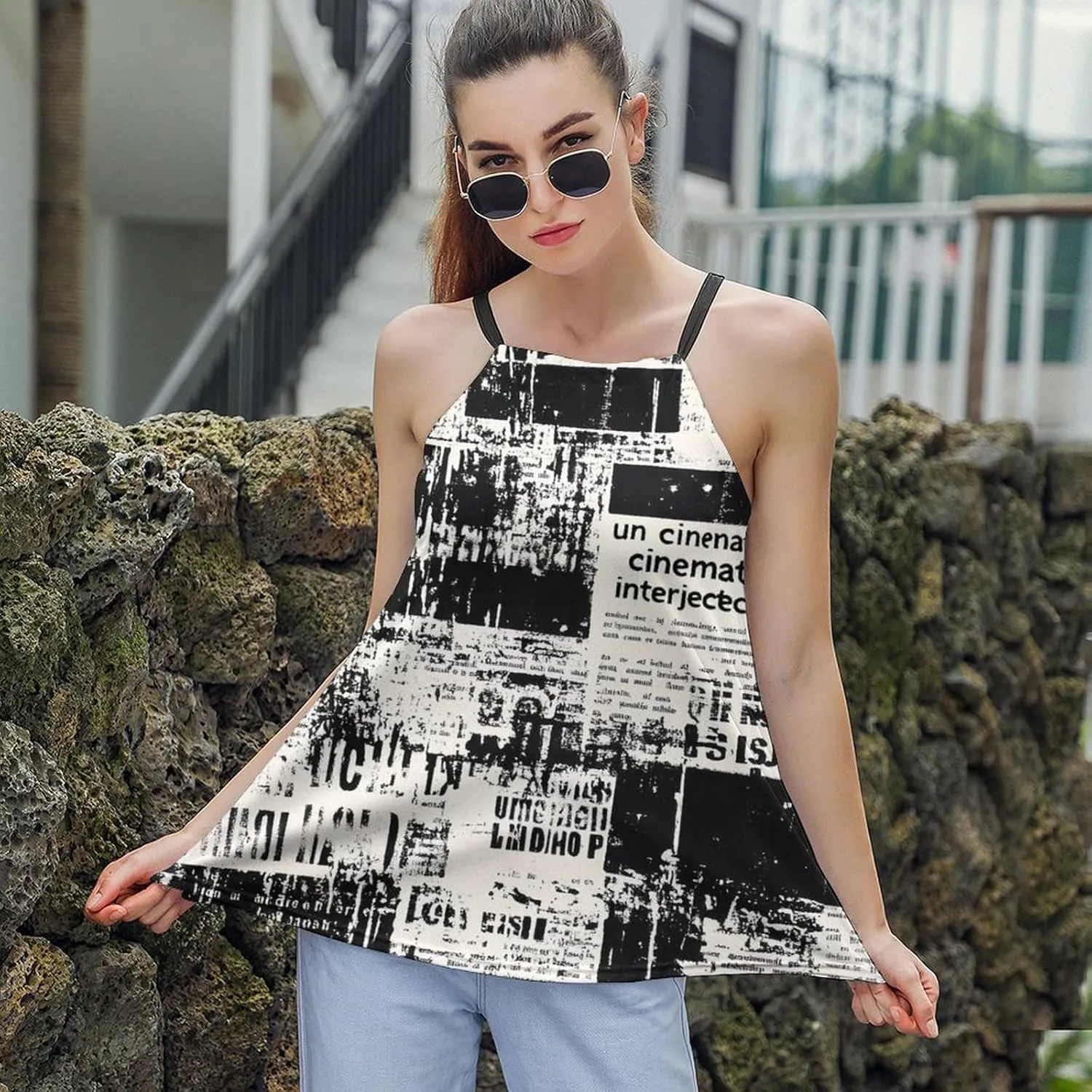 Newspaper Print Women's Tank Top Sleeveless Spaghetti Strap Loose Casual Top Summer Beach Vacation Outfits Flowy Camisole