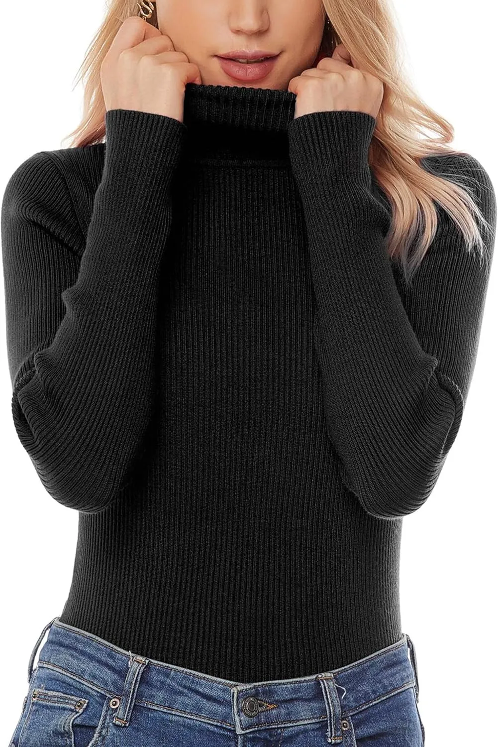 nine bull Womens Solid Basic Stretch Turtleneck Pullover Knit Sweater
