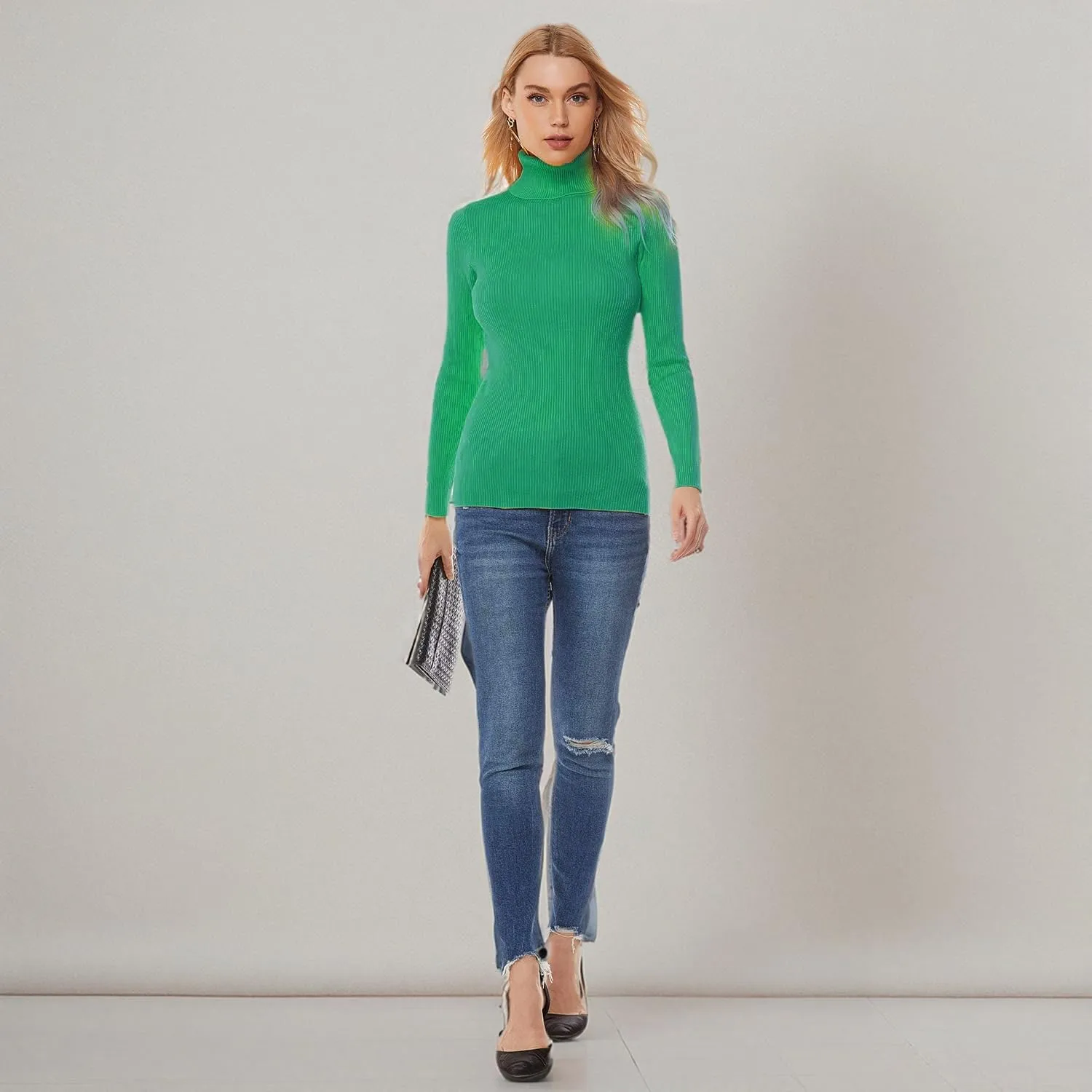 nine bull Womens Solid Basic Stretch Turtleneck Pullover Knit Sweater