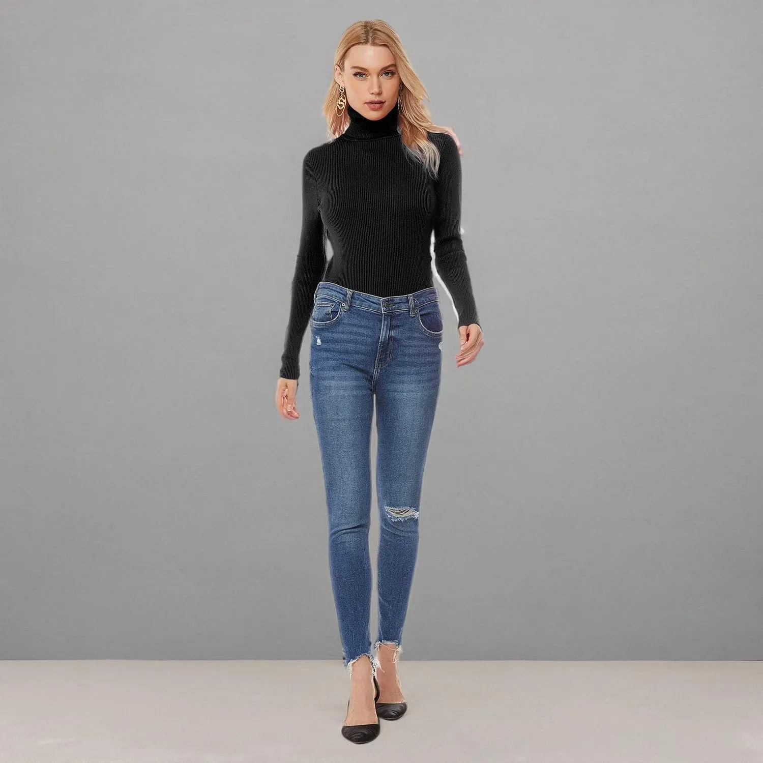 nine bull Womens Solid Basic Stretch Turtleneck Pullover Knit Sweater