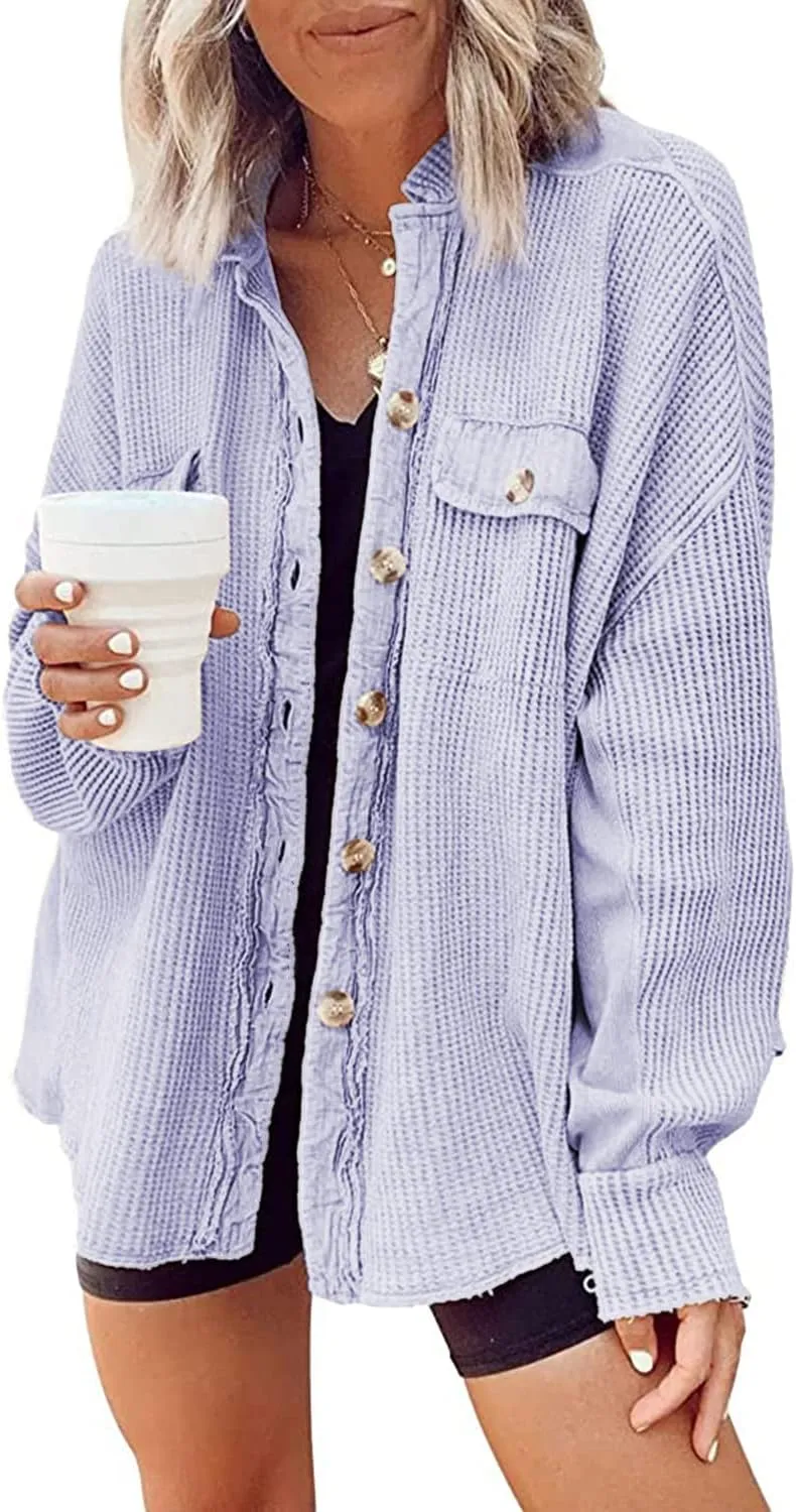 Nirovien Womens Waffle Knit Shacket Oversized Button Down Shirt Jacket Lightweight Spring Outfits Clothes