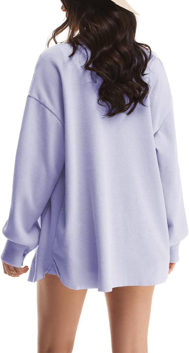 Nirovien Womens Waffle Knit Shacket Oversized Button Down Shirt Jacket Lightweight Spring Outfits Clothes