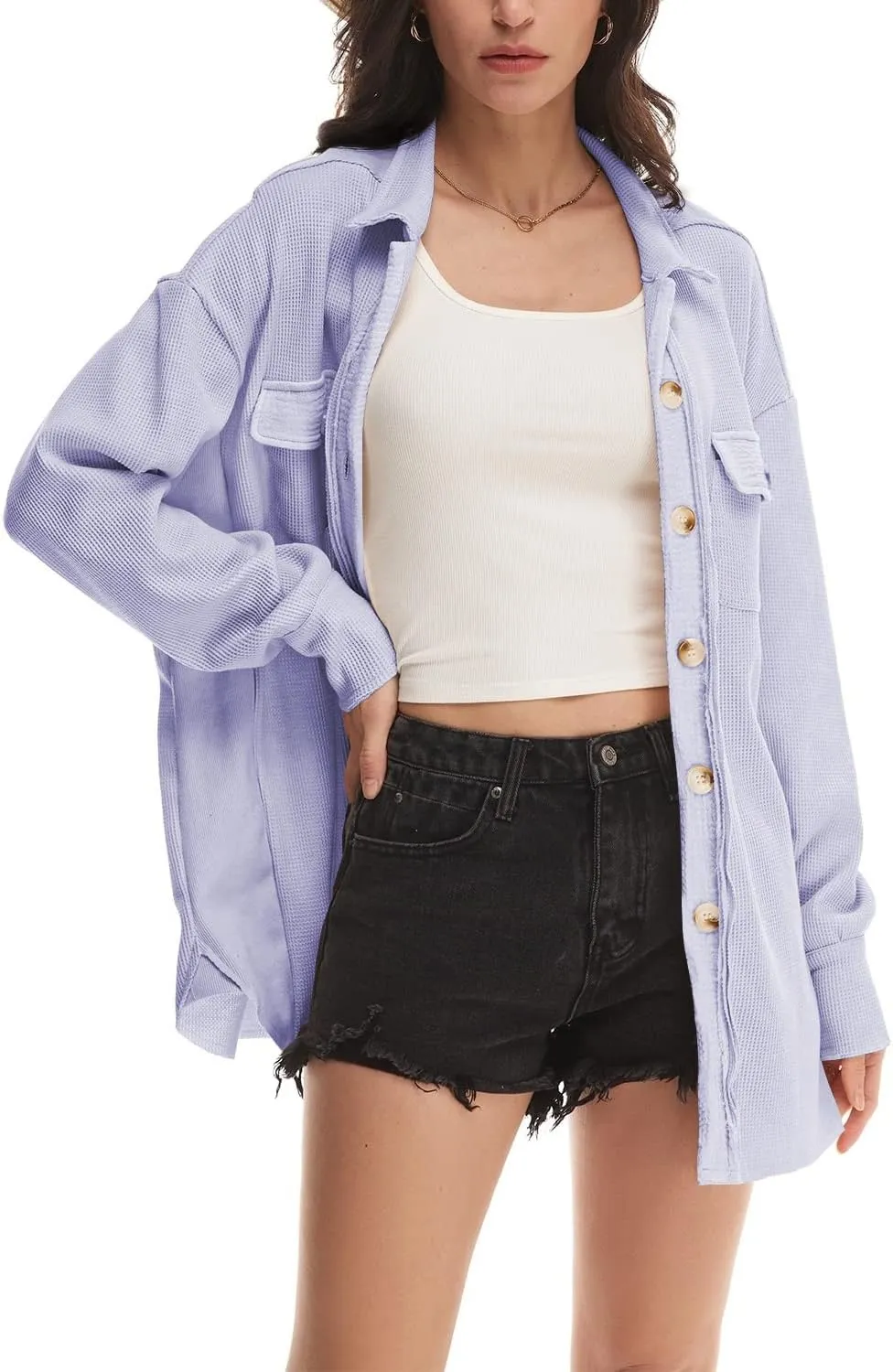 Nirovien Womens Waffle Knit Shacket Oversized Button Down Shirt Jacket Lightweight Spring Outfits Clothes
