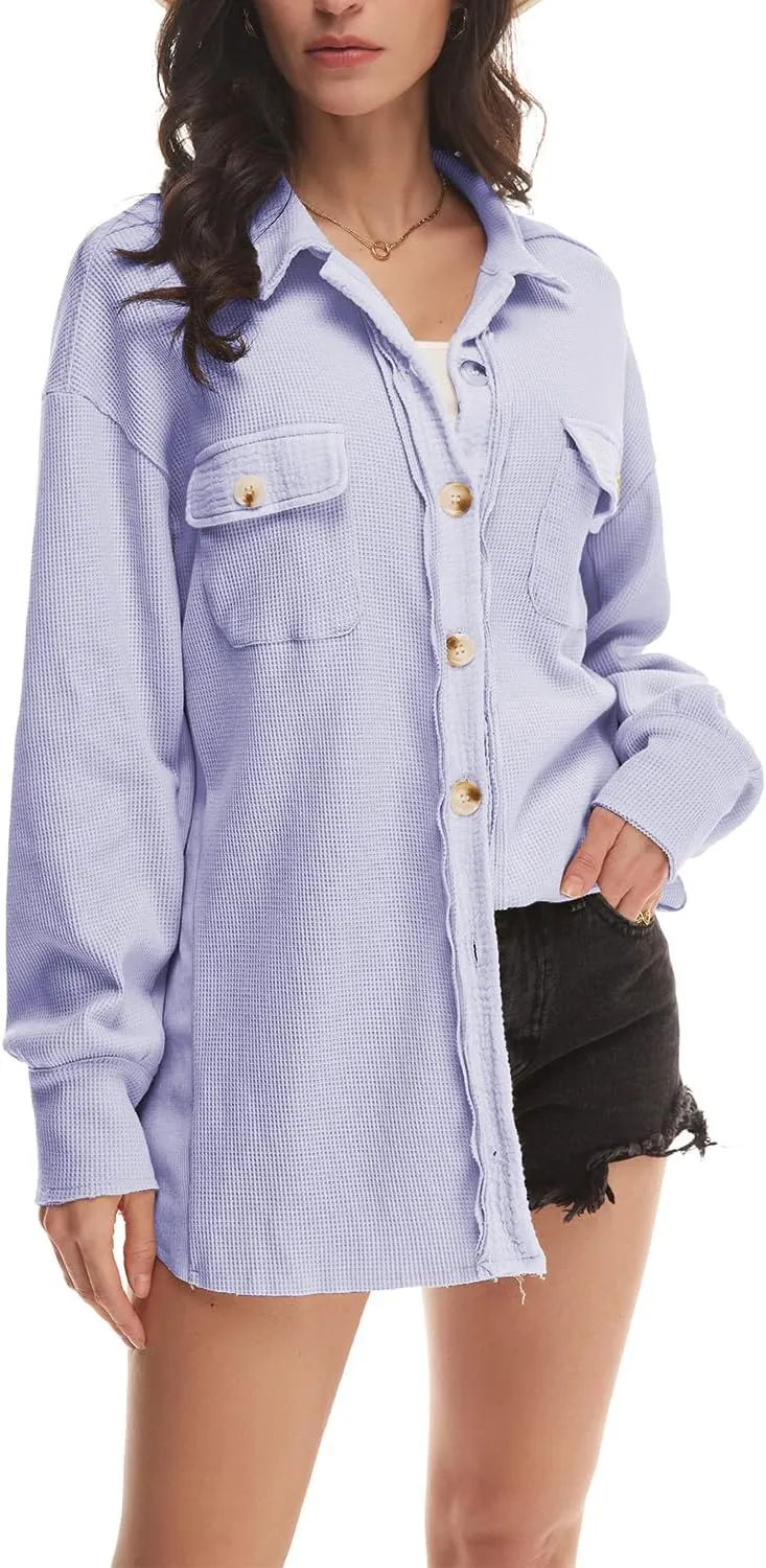 Nirovien Womens Waffle Knit Shacket Oversized Button Down Shirt Jacket Lightweight Spring Outfits Clothes