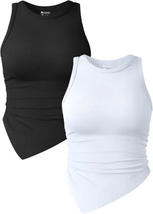 OQQ Women's 2 Piece Tank Tops Ruched Crew Neck Sleeveless Basic Stretch Tee Shirts