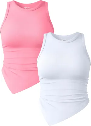 OQQ Women's 2 Piece Tank Tops Ruched Crew Neck Sleeveless Basic Stretch Tee Shirts