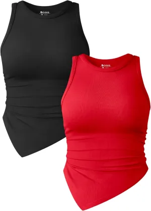 OQQ Women's 2 Piece Tank Tops Ruched Crew Neck Sleeveless Basic Stretch Tee Shirts