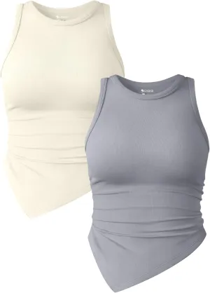 OQQ Women's 2 Piece Tank Tops Ruched Crew Neck Sleeveless Basic Stretch Tee Shirts