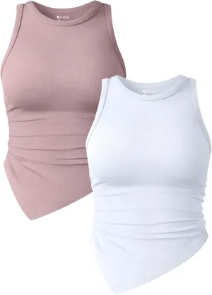 OQQ Women's 2 Piece Tank Tops Ruched Crew Neck Sleeveless Basic Stretch Tee Shirts