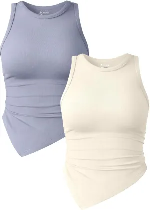 OQQ Women's 2 Piece Tank Tops Ruched Crew Neck Sleeveless Basic Stretch Tee Shirts