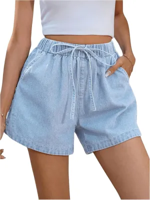 OYOANGLE Women's Elastic Waist Tie Front Straight Leg Denim Shorts Casual Jean Shorts with Pocket