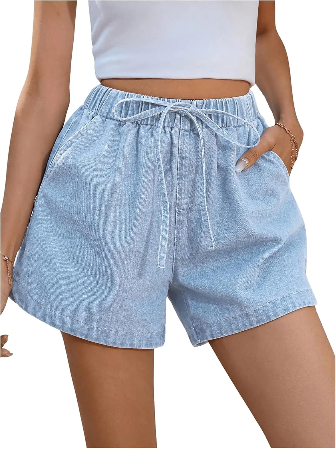 OYOANGLE Women's Elastic Waist Tie Front Straight Leg Denim Shorts Casual Jean Shorts with Pocket