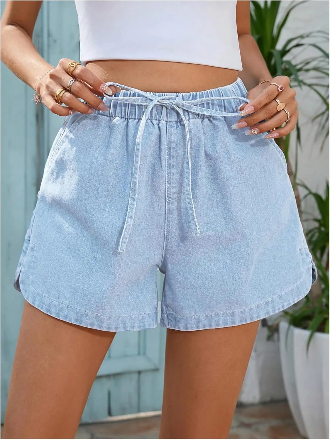 OYOANGLE Women's Elastic Waist Tie Front Straight Leg Denim Shorts Casual Jean Shorts with Pocket