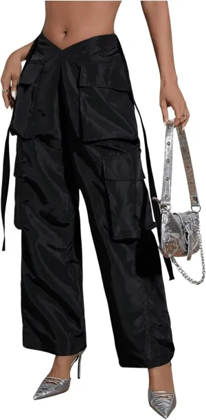 OYOANGLE Women's High Waist Flap Pocket Cargo Pants Fashion Y2K Streetwear Baggy Trousers