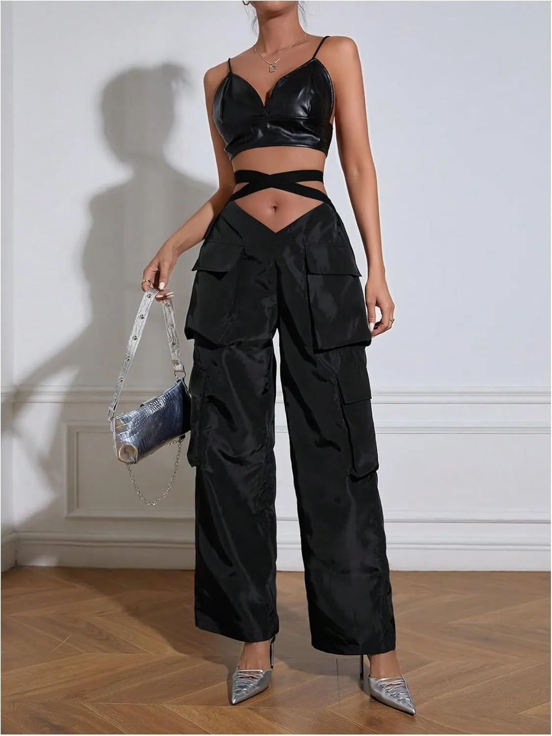 OYOANGLE Women's High Waist Flap Pocket Cargo Pants Fashion Y2K Streetwear Baggy Trousers