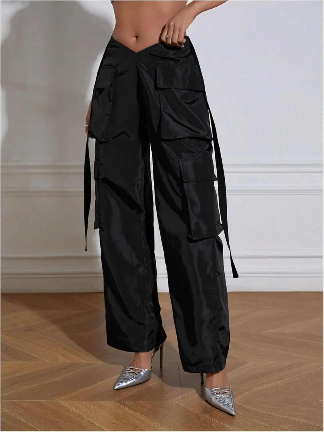 OYOANGLE Women's High Waist Flap Pocket Cargo Pants Fashion Y2K Streetwear Baggy Trousers