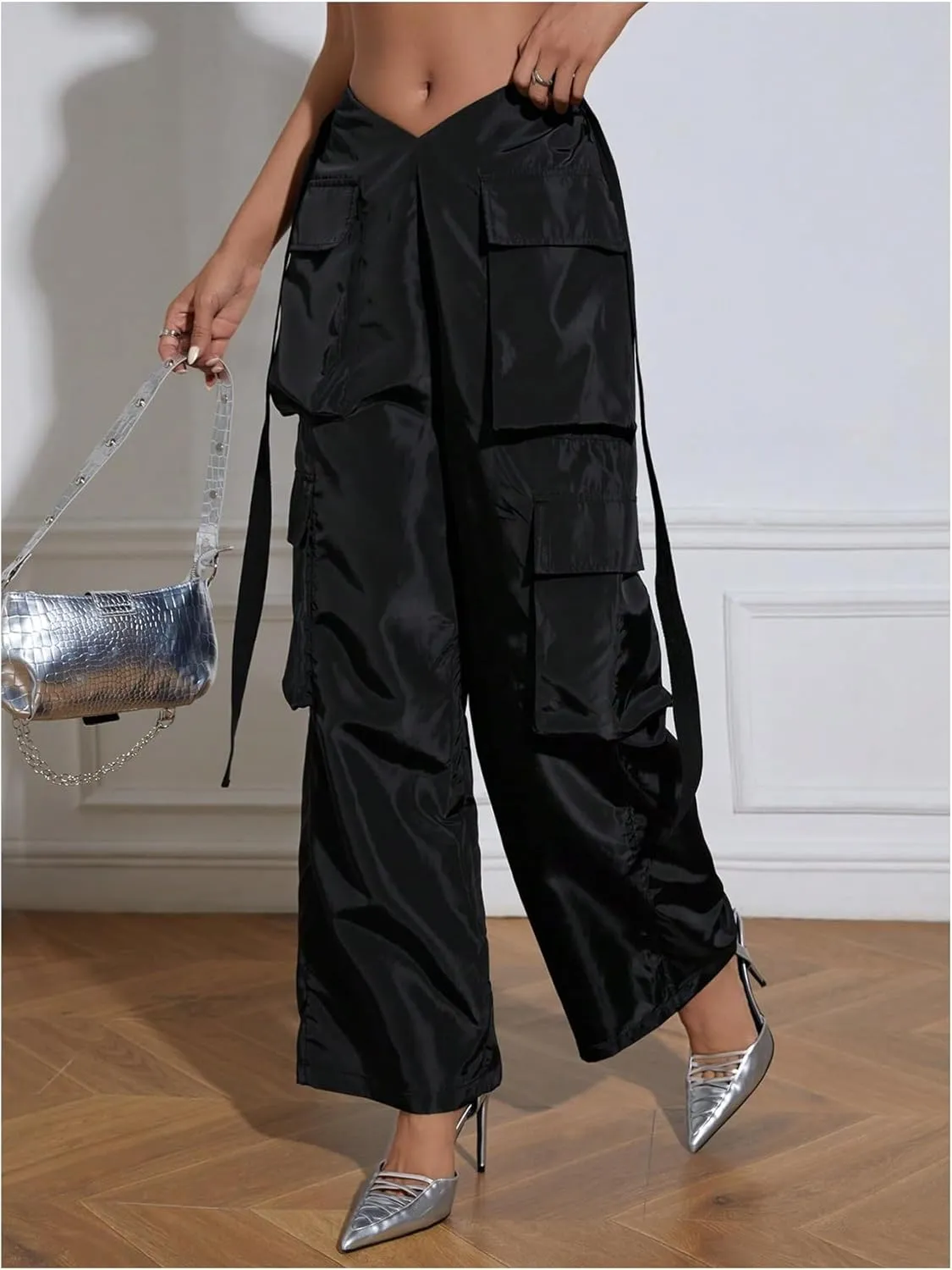OYOANGLE Women's High Waist Flap Pocket Cargo Pants Fashion Y2K Streetwear Baggy Trousers