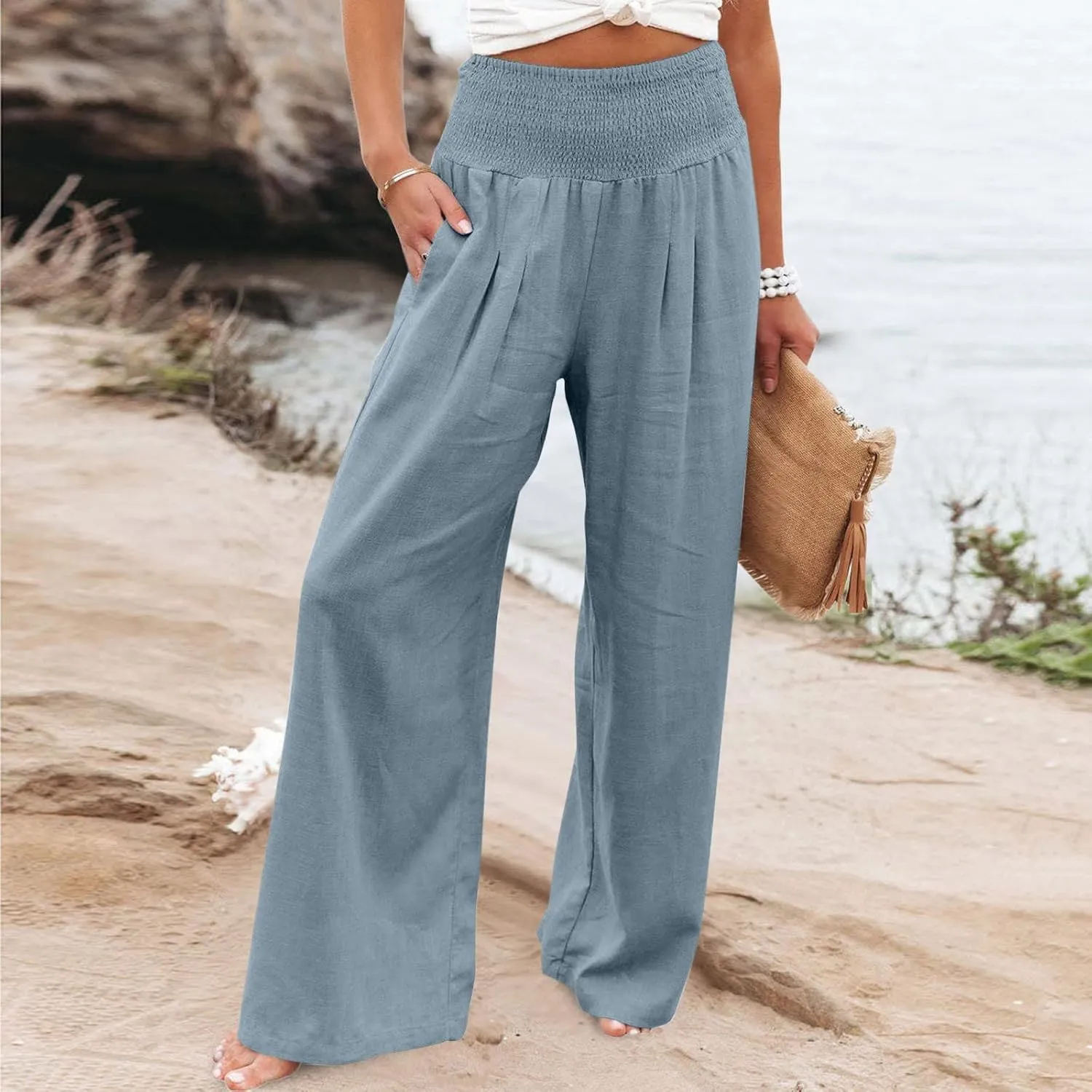 Palazzo Pants for Women Wide Leg High Waist Linen Trousers Stretchy Fall Casual Loose Comfy Pant with Pockets