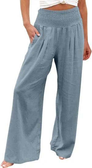 Palazzo Pants for Women Wide Leg High Waist Linen Trousers Stretchy Fall Casual Loose Comfy Pant with Pockets