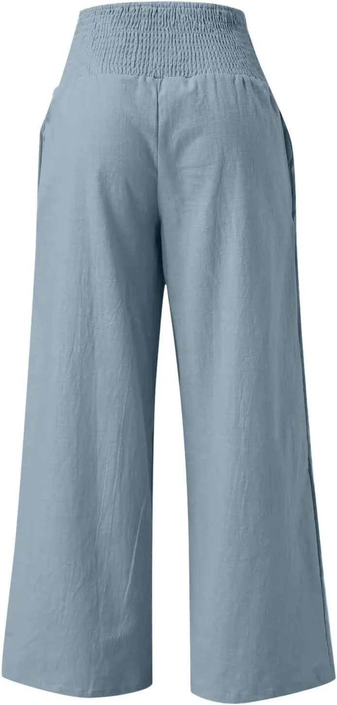 Palazzo Pants for Women Wide Leg High Waist Linen Trousers Stretchy Fall Casual Loose Comfy Pant with Pockets