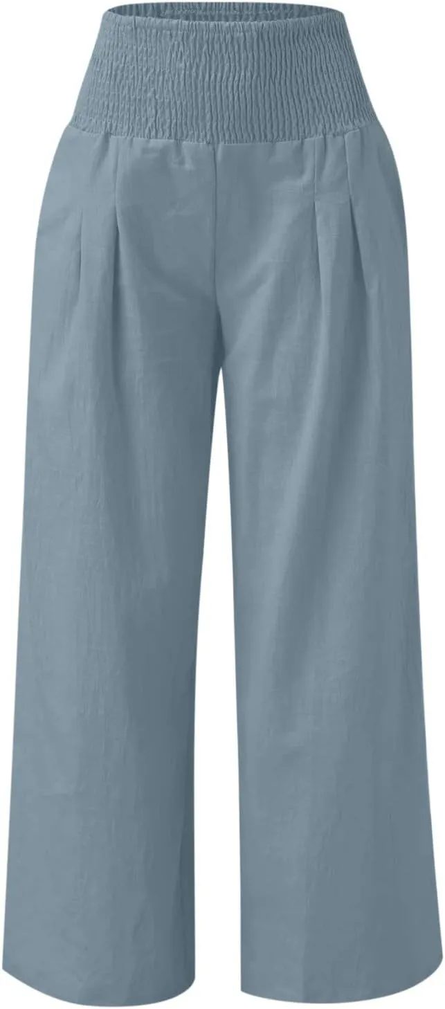 Palazzo Pants for Women Wide Leg High Waist Linen Trousers Stretchy Fall Casual Loose Comfy Pant with Pockets