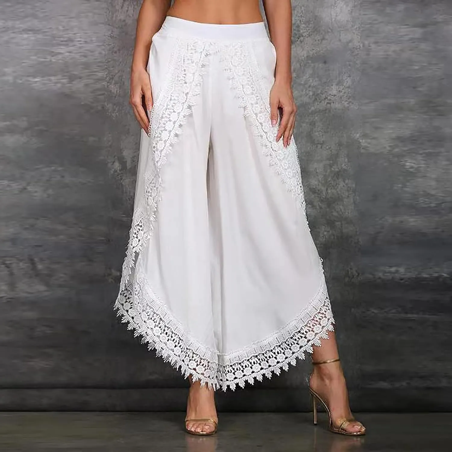 Palazzo Pants Women High Waist Wide Leg Boho Harem Yoga Pants Summer Irregular Lace Hippie Culottes Cropped Trousers