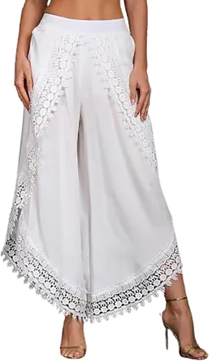 Palazzo Pants Women High Waist Wide Leg Boho Harem Yoga Pants Summer Irregular Lace Hippie Culottes Cropped Trousers