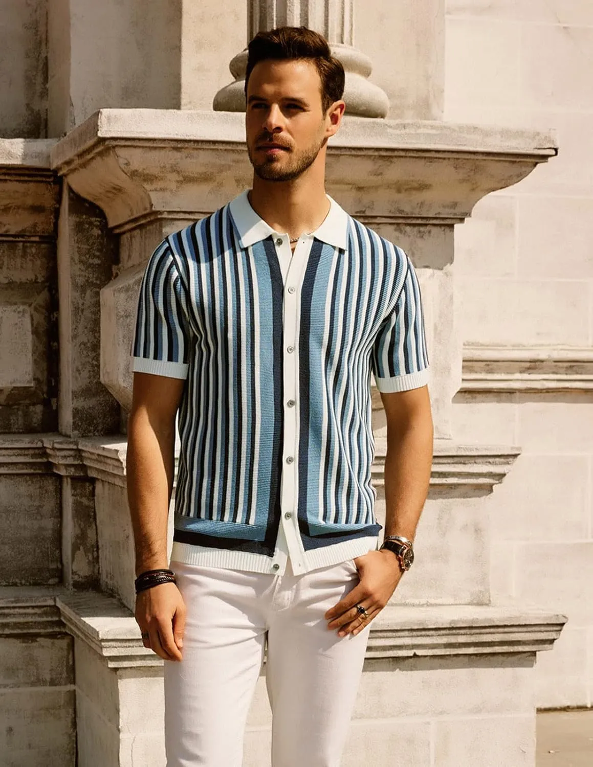 PJ PAUL JONES Men's Polo Shirts Retro Knit Shirt Vintage Striped Shirt