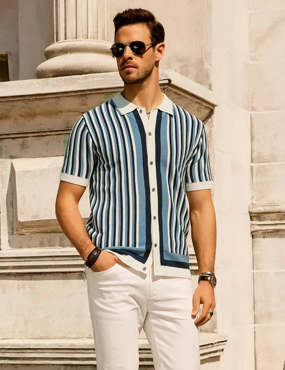 PJ PAUL JONES Men's Polo Shirts Retro Knit Shirt Vintage Striped Shirt