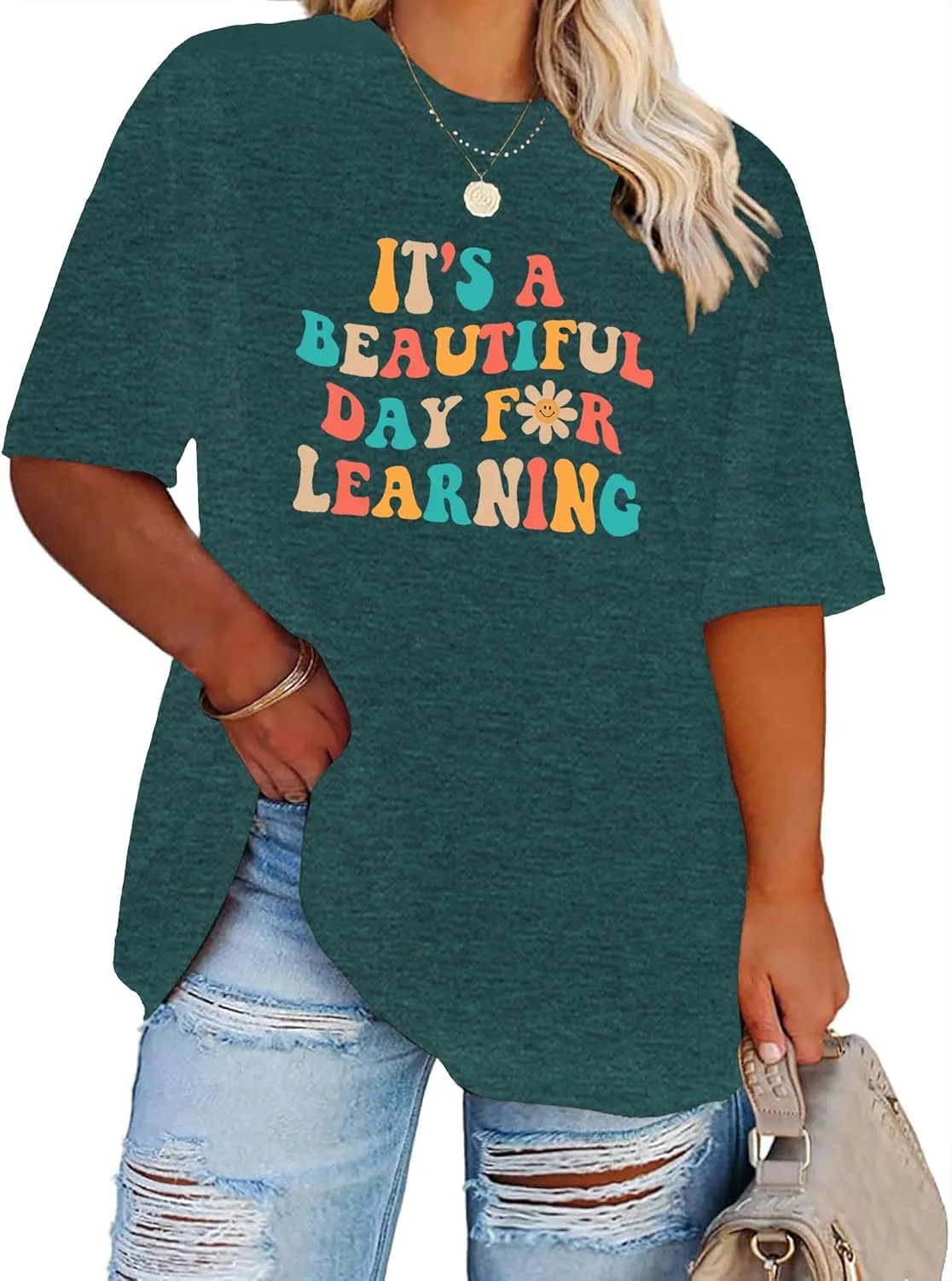 Plus Size Teacher Shirts Tops Women It's a Beautiful Day for Learning Tshirt Oversized Teach Tee Gift