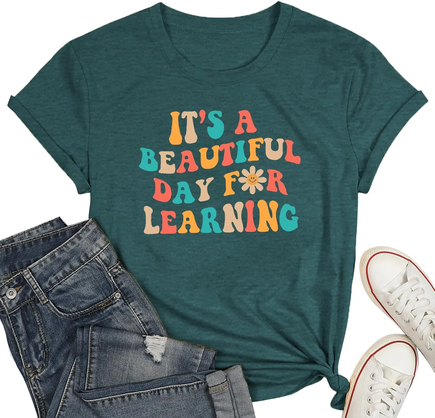 Plus Size Teacher Shirts Tops Women It's a Beautiful Day for Learning Tshirt Oversized Teach Tee Gift