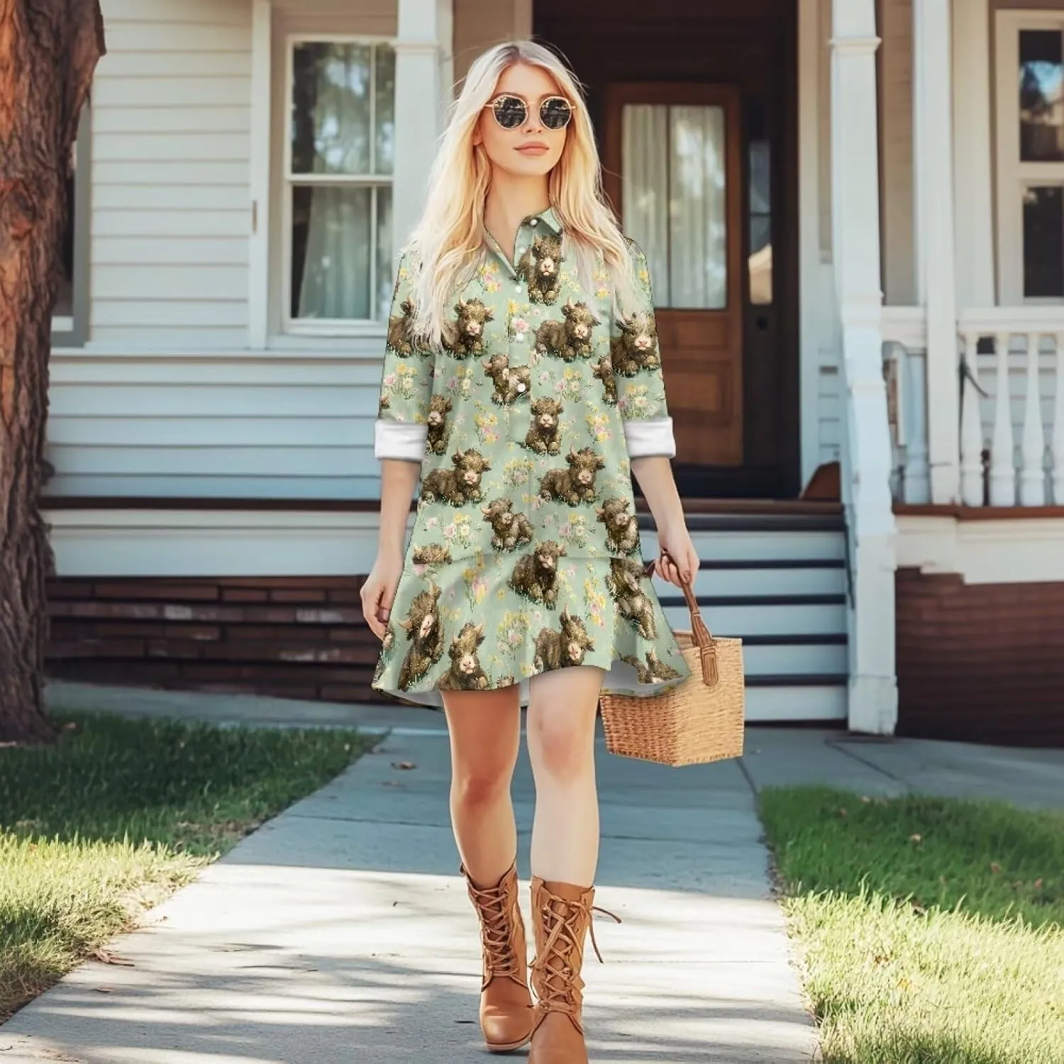 POLERO Womens Tunic Shirt Dress Long Sleeve Short Sundress Button Down V Neck Mini Dress with Pocket