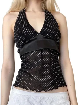Polka Dot Tank Top for Women Tie Back Halter Top Y2k Vintage Camisole 2000s Fashion Downtown Girl Clothes