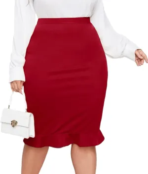 POSESHE Womens Plus Size High Waist Ruffle-Trim Pencil Skirt, Basic Stretch Work Business Skirts