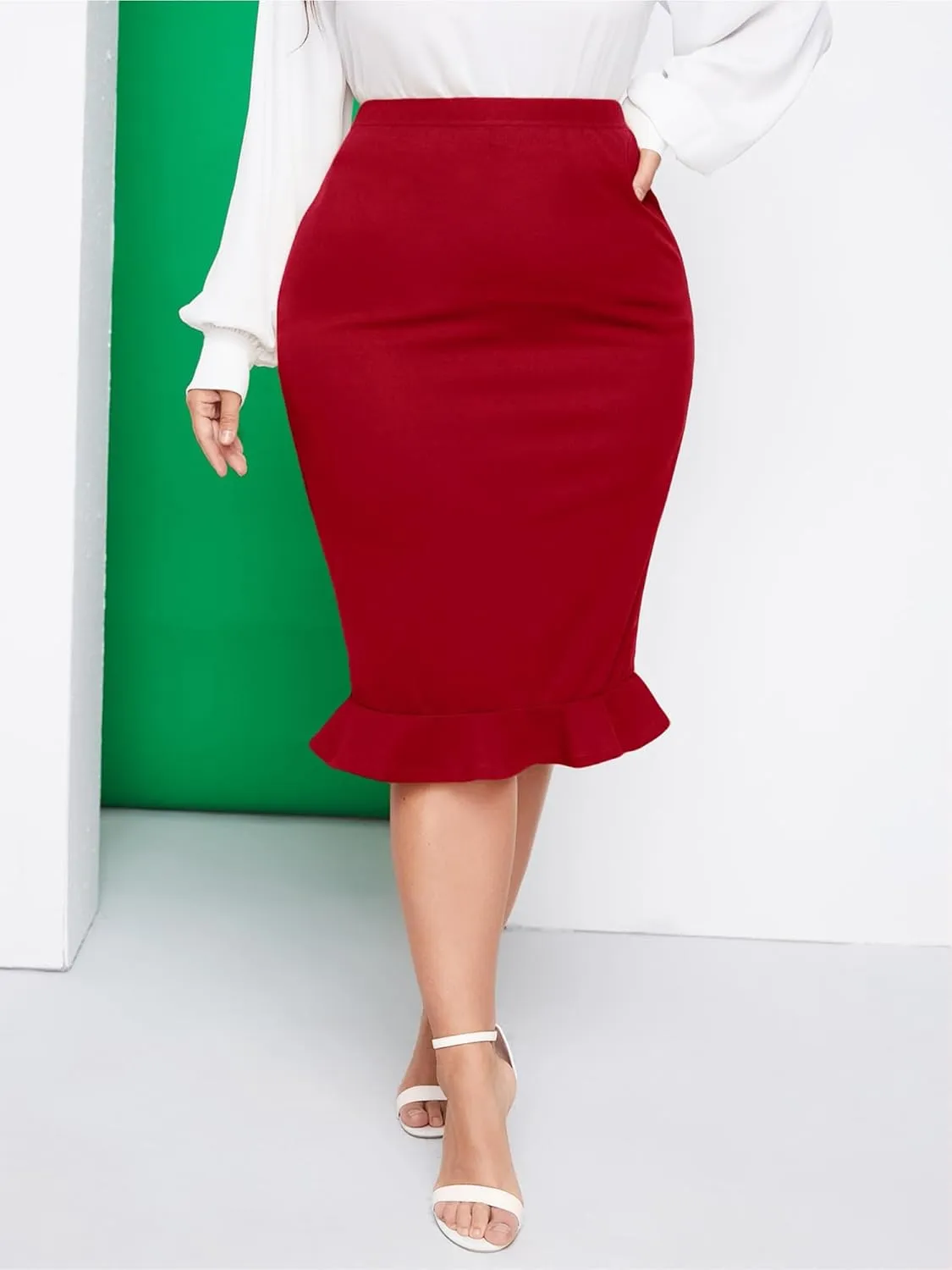POSESHE Womens Plus Size High Waist Ruffle-Trim Pencil Skirt, Basic Stretch Work Business Skirts