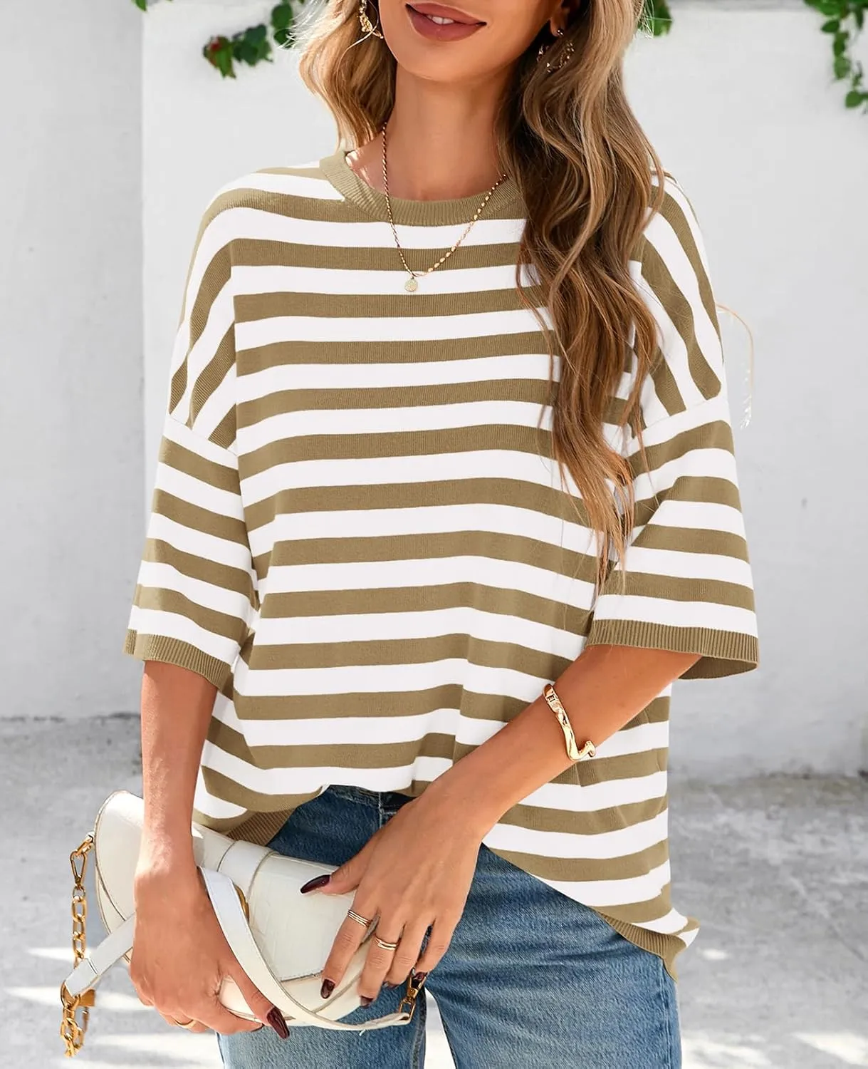 PRETTYGARDEN Womens Spring Summer Tops Fashion Striped Short Sleeve Sweater Crew Neck Lightweight Knit Oversized Shirts 2025